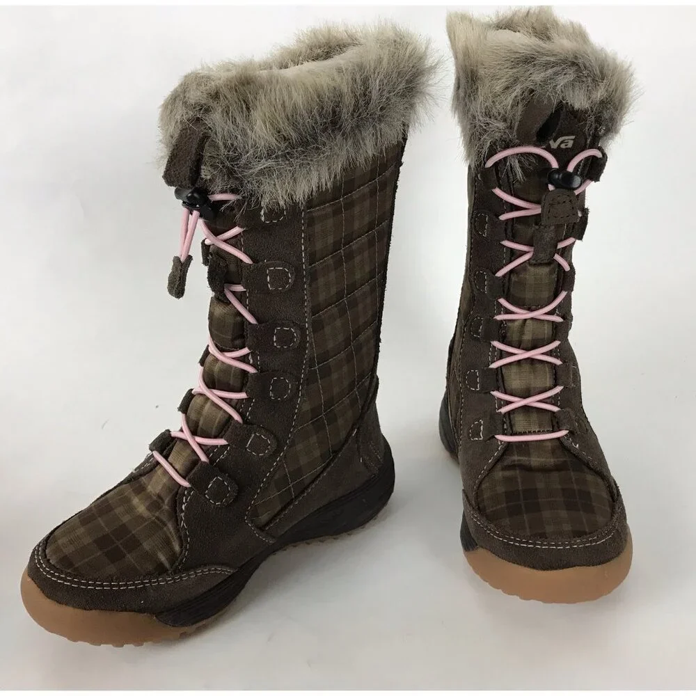 Teva Girls Lenawee Boots Toddlet Size‎ 10 Tall Faux Fur Plaid Lace Up Brown Pink
